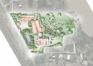 Plan d'aménagement paysager dessiné avec des bâtiments, une piscine, des zones de végétation luxuriante et une voie ferrée adjacente.