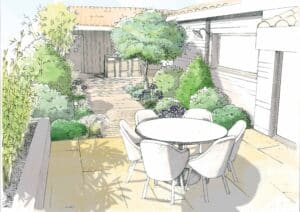 Croquis d'aménagement extérieur avec terrasse en bois, mobilier de jardin blanc, bambou et massifs fleuris pour un coin repas relaxant.