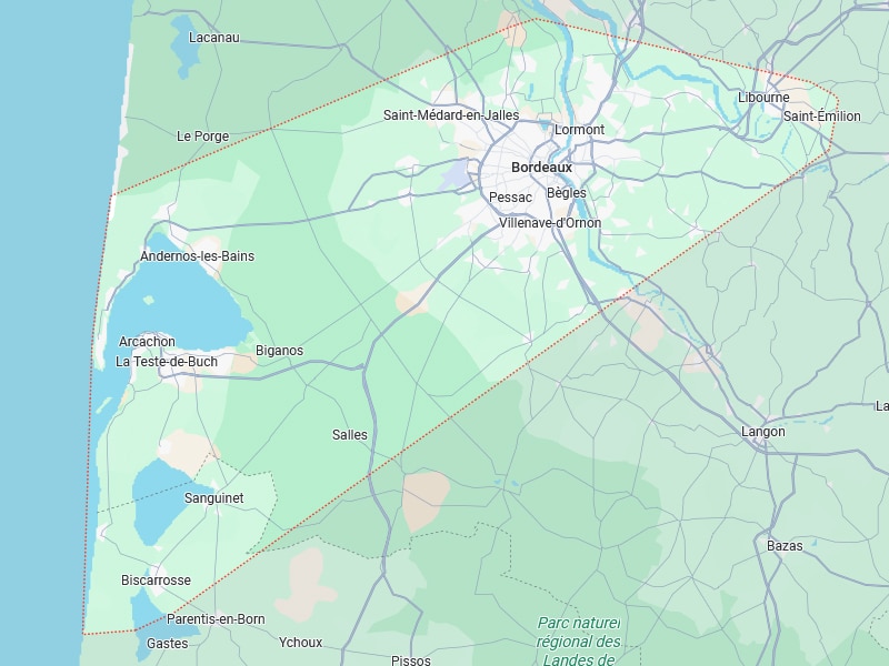 Carte délimitant la région de Bordeaux incluant Arcachon, Saint-Émilion, Sanguinet, et Langon, avec une frontière rouge en pointillés.