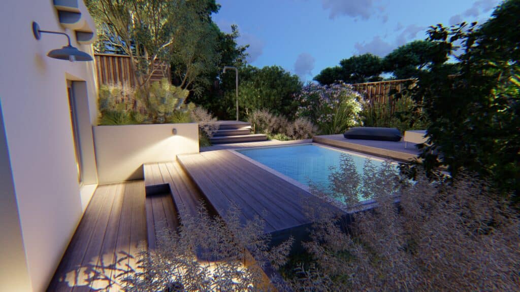 Piscine contemporaine en bois avec éclairage d'ambiance sous un ciel crépusculaire, entourée de verdure luxuriante.