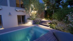 Terrasse de piscine moderne au crépuscule avec bois foncé, éclairage chaleureux et végétation luxuriante.