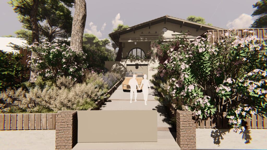 Rendu architectural d'une allée menant à une maison avec garage voûté, bordée d'arbustes fleuris et d'un couple stylisé marchant.