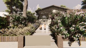 Rendu architectural d'une allée menant à une maison avec garage voûté, bordée d'arbustes fleuris et d'un couple stylisé marchant.