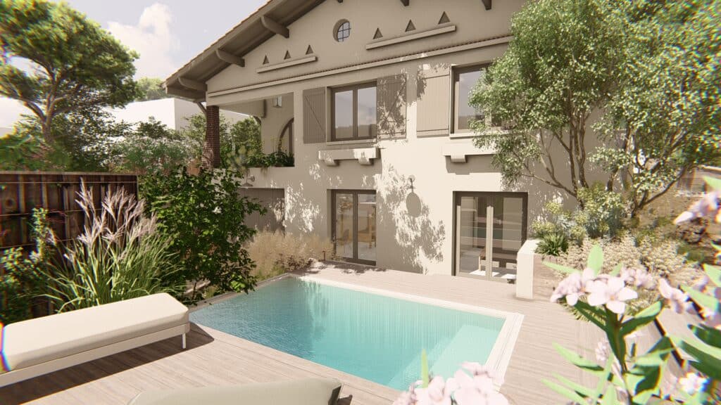 Villa moderne avec piscine extérieure, terrasse en bois, volets gris et végétation luxuriante projetant des ombres douces.