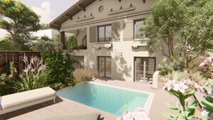 Villa moderne avec piscine extérieure, terrasse en bois, volets gris et végétation luxuriante projetant des ombres douces.