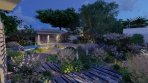 Jardin nocturne éclairé avec plantes fleuries, chalet en bois, petite piscine et allée en bois texturé.