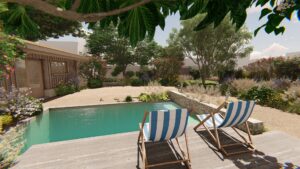 Aménagement de jardin moderne avec piscine rectangulaire, terrasse en bois, deux chaises longues rayées bleu et blanc, et végétation luxuriante.