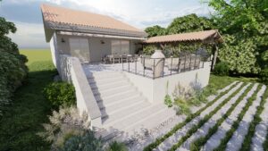 Maison moderne avec grande terrasse en pierre, escalier majestueux et mobilier de jardin sous un ciel ensoleillé.