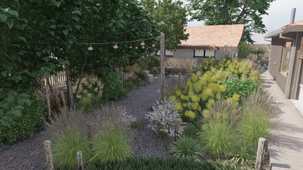 Jardin paysager moderne avec sentier en gravier, graminées ornementales, guirlande lumineuse et chalet en bois.