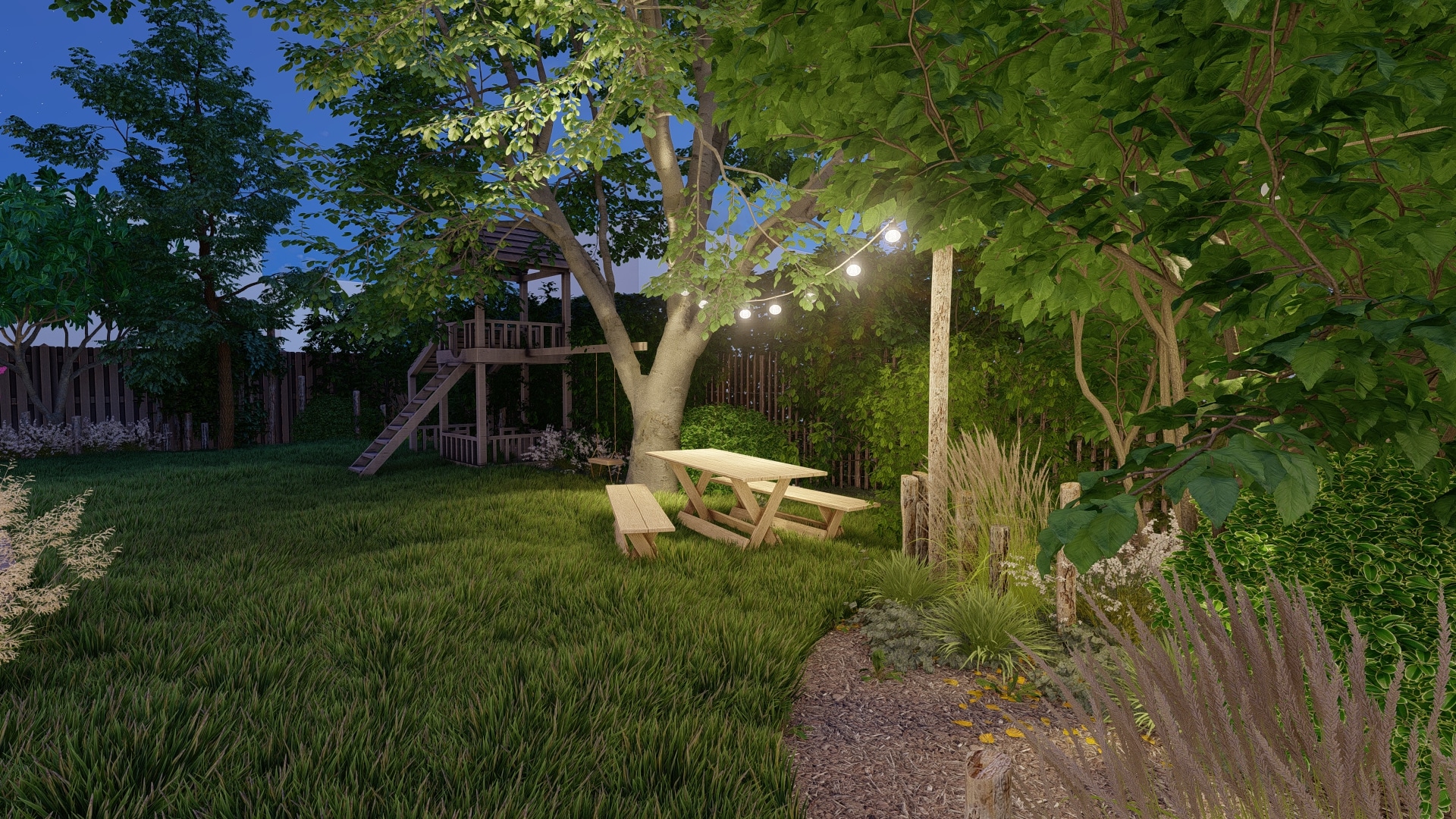 Jardin avec table de pique-nique en bois, guirlandes lumineuses et cabane enfant sous un arbre à la tombée de la nuit.