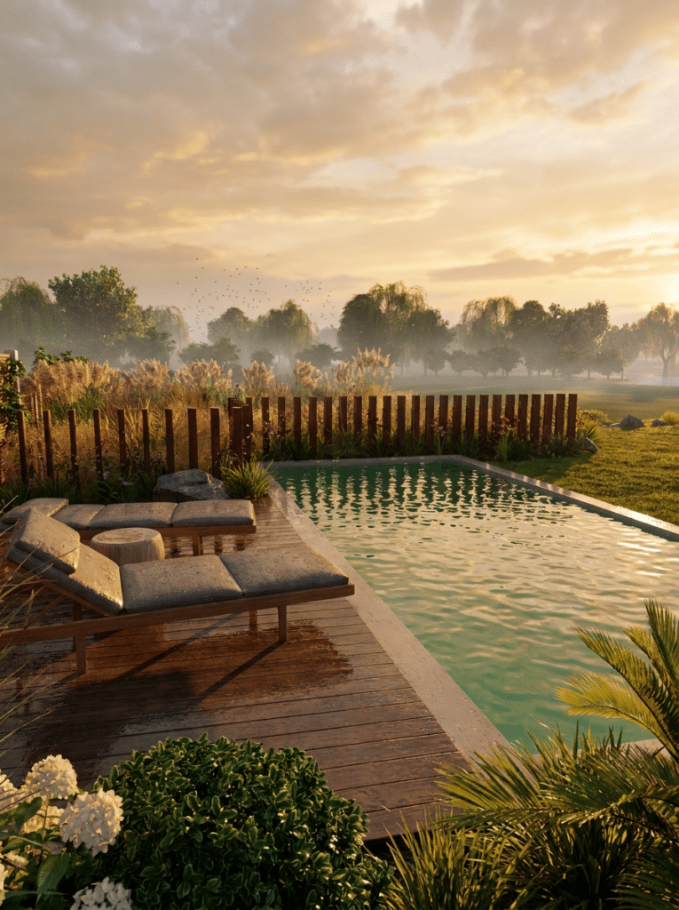 Piscine de luxe avec transats sur terrasse en bois dans un jardin paysager au coucher du soleil brumeux.
