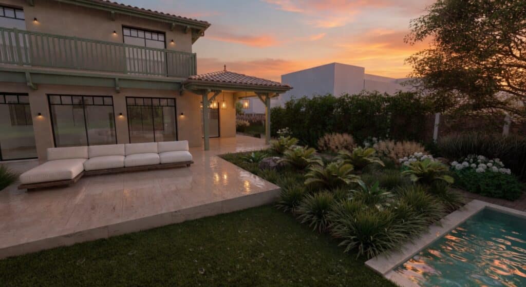 Villa de Luxe avec Jardin et Piscine au Coucher du Soleil Villa méditerranéenne avec patio en travertin, canapé blanc, jardin luxuriant et piscine au coucher du soleil doré.