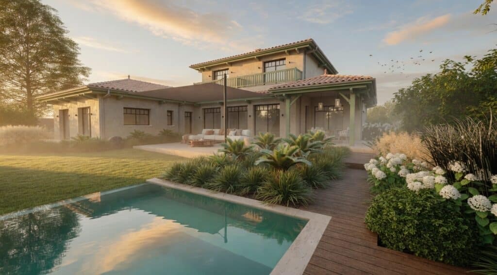 Villa Moderne avec Piscine et Jardin au Coucher du Soleil Villa moderne avec piscine, terrasse en bois et jardin paysager luxuriant au coucher du soleil.